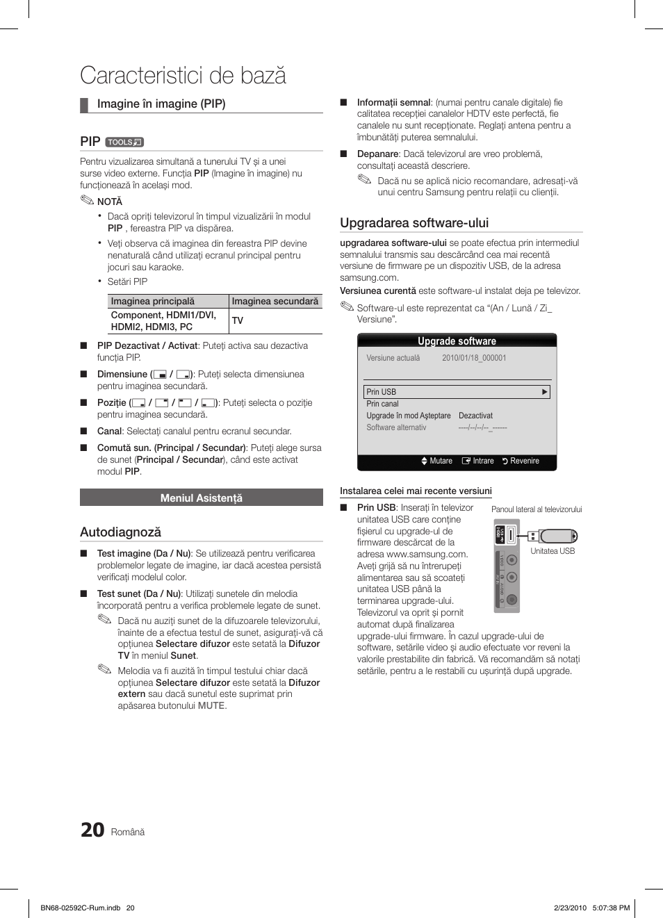 Caracteristici de bază, Autodiagnoză, Upgradarea software-ului | Samsung LE32C450E1W User Manual | Page 332 / 391