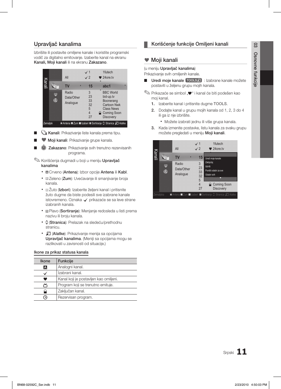 Upravljač kanalima, Moji kanali, Korišćenje funkcije omiljeni kanali | Samsung LE32C450E1W User Manual | Page 362 / 391