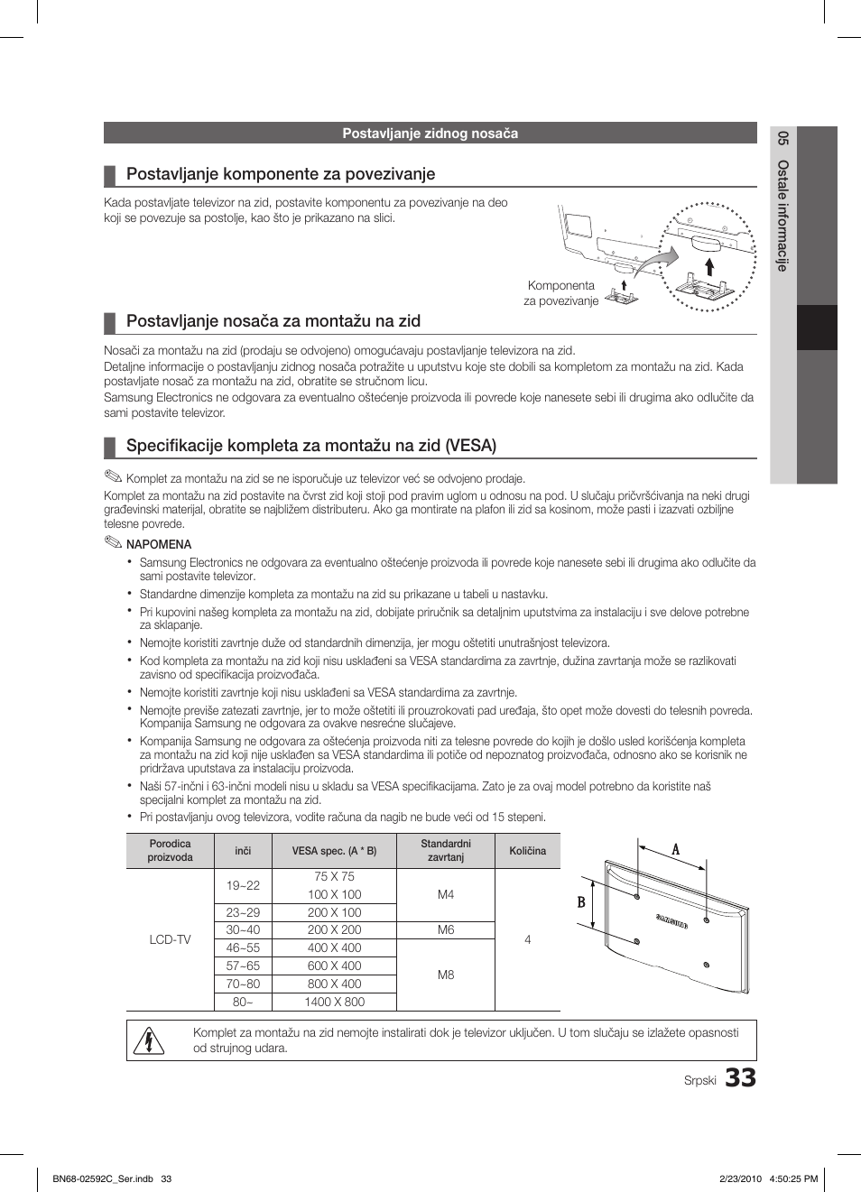 Postavljanje komponente za povezivanje, Postavljanje nosača za montažu na zid, Specifikacije kompleta za montažu na zid (vesa) | Samsung LE32C450E1W User Manual | Page 384 / 391