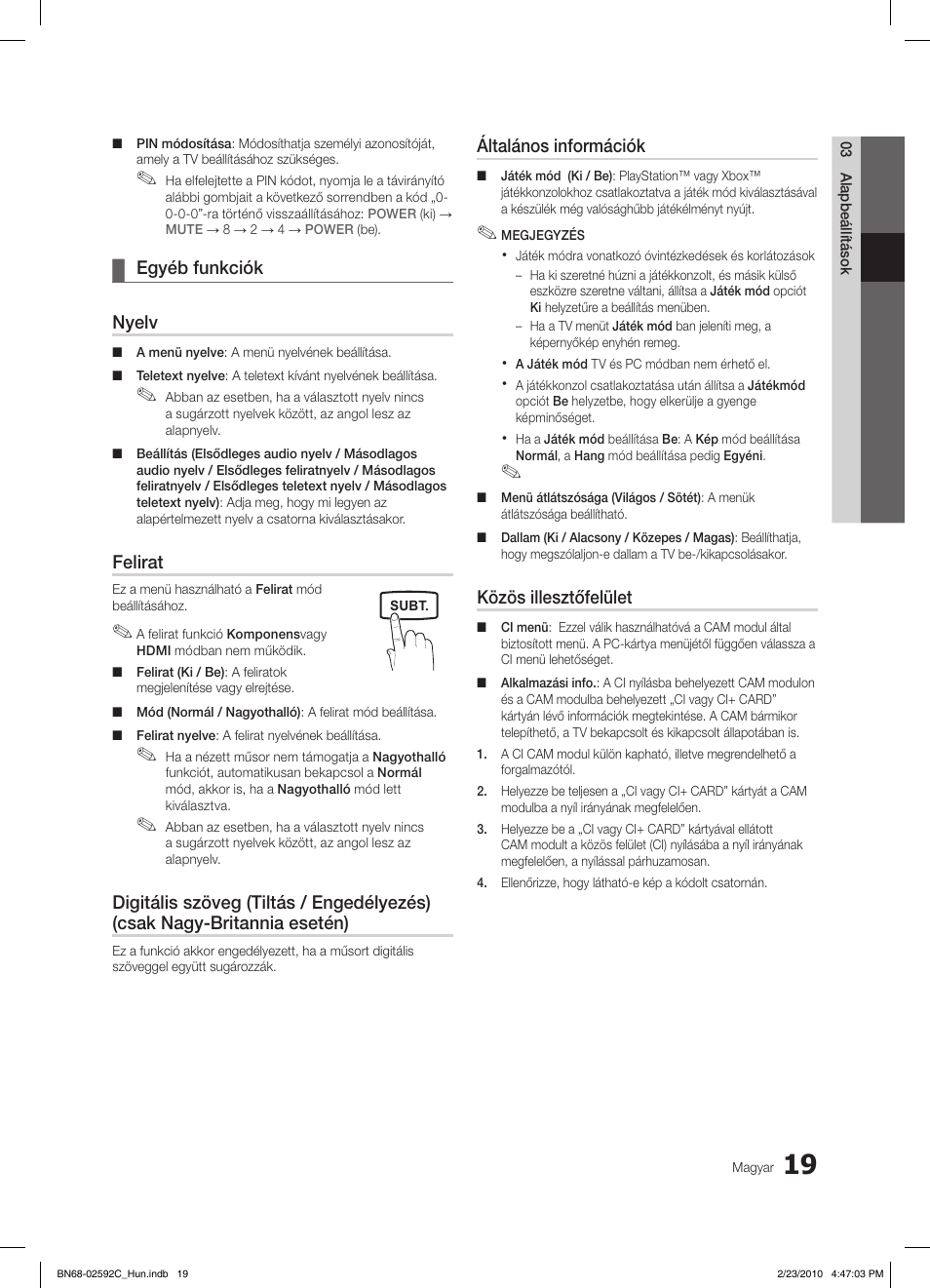 Egyéb funkciók ¦ nyelv, Felirat, Általános információk | Közös illesztőfelület | Samsung LE32C450E1W User Manual | Page 58 / 391