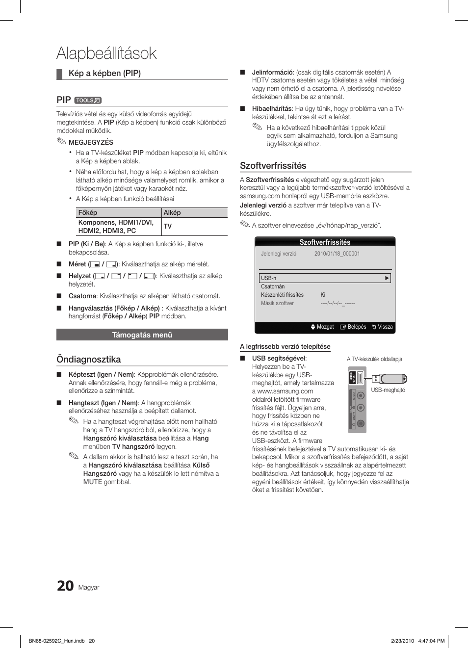 Alapbeállítások, Öndiagnosztika, Szoftverfrissítés | Samsung LE32C450E1W User Manual | Page 59 / 391