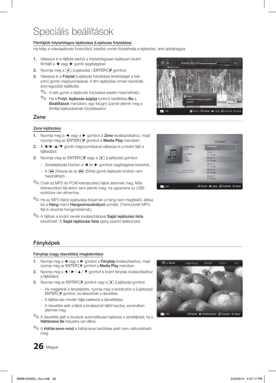 Speciális beállítások, Zene, Fényképek | Samsung LE32C450E1W User Manual | Page 65 / 391