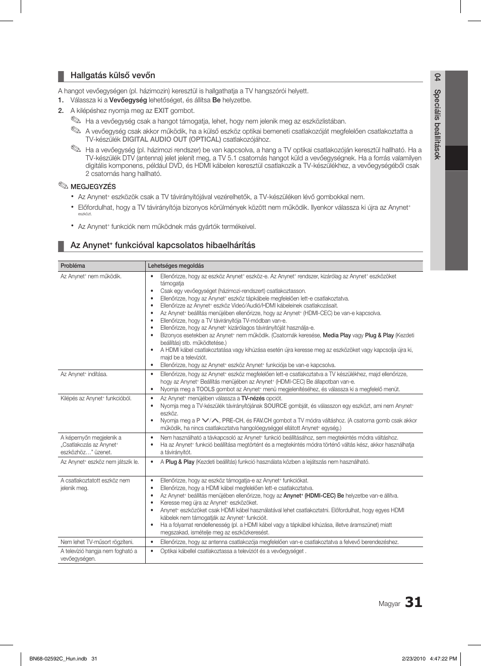 Hallgatás külső vevőn, Az anynet, Funkcióval kapcsolatos hibaelhárítás | Samsung LE32C450E1W User Manual | Page 70 / 391