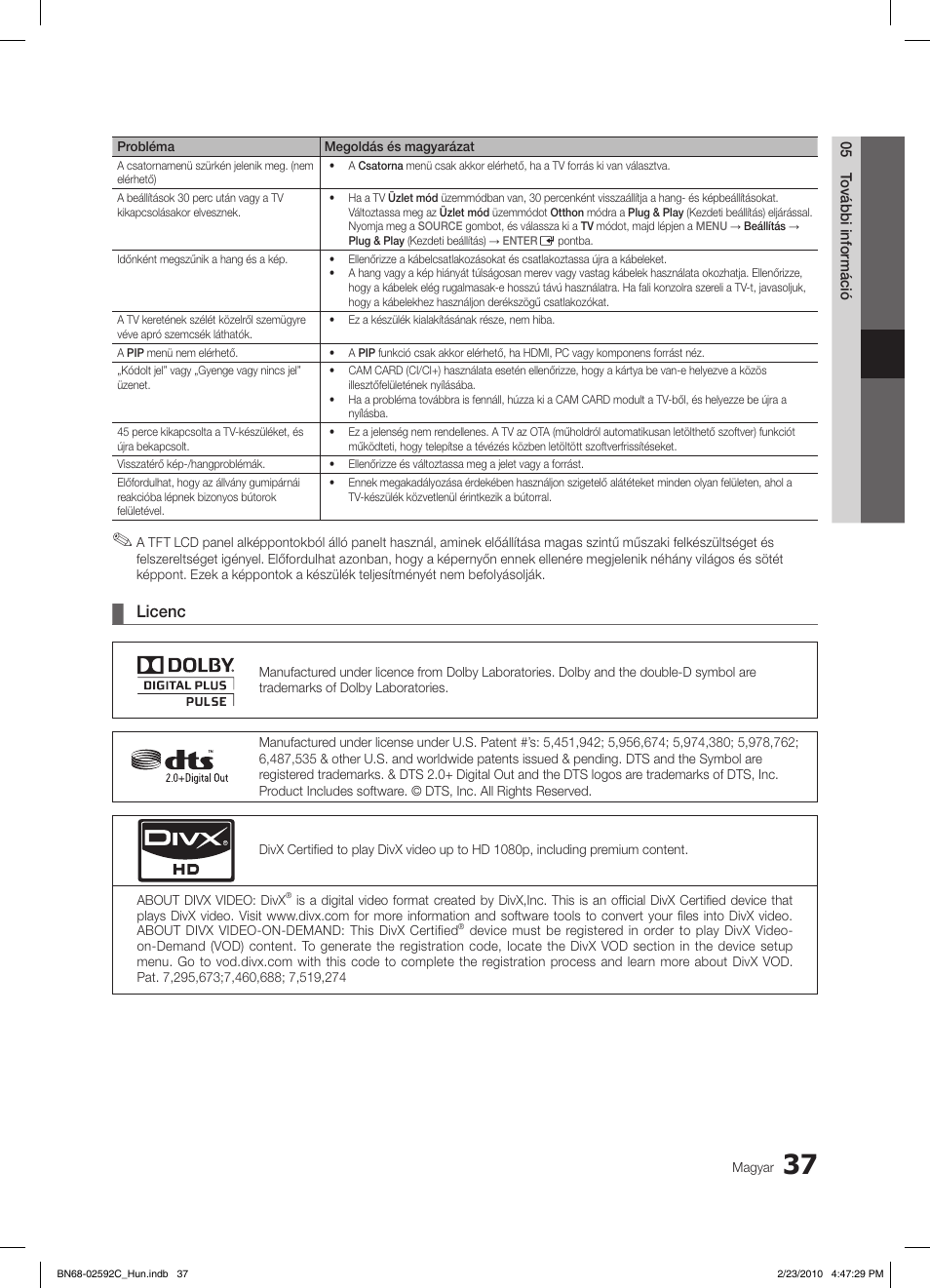 Licenc | Samsung LE32C450E1W User Manual | Page 76 / 391