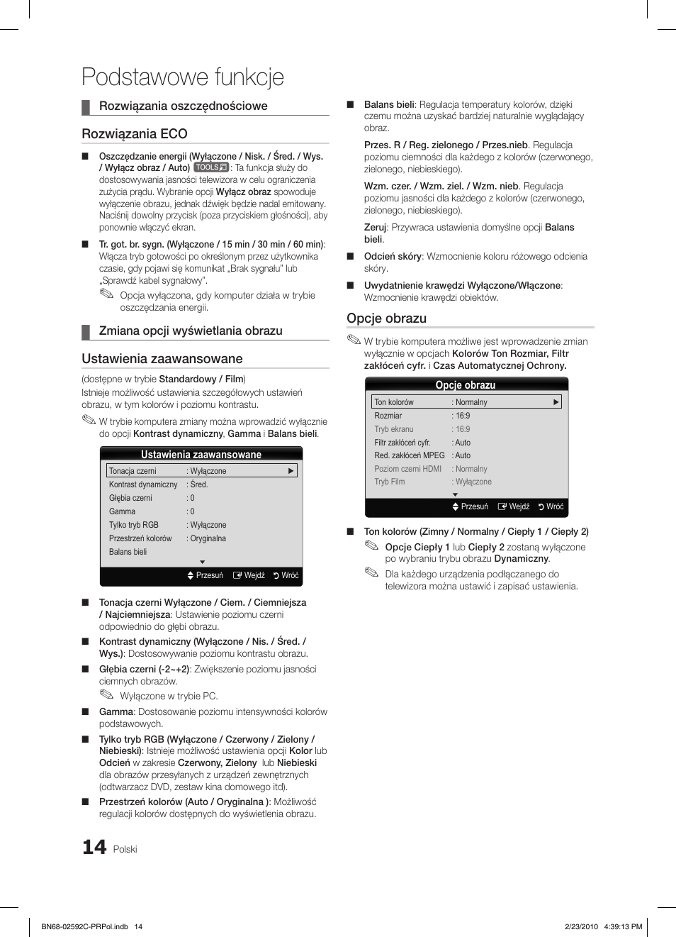 Podstawowe funkcje, Rozwiązania eco, Ustawienia zaawansowane | Opcje obrazu | Samsung LE32C450E1W User Manual | Page 92 / 391