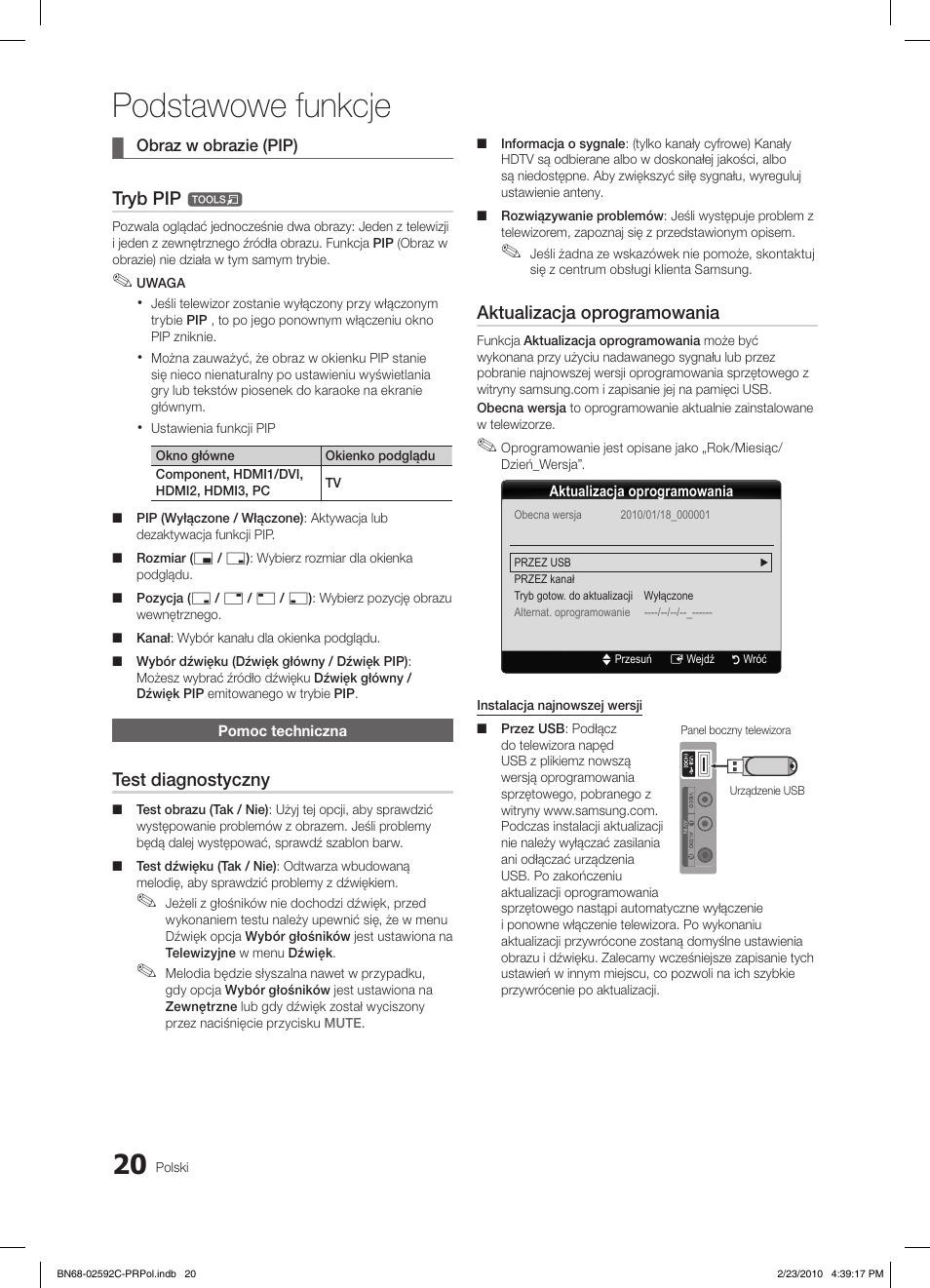 Podstawowe funkcje, Tryb pip, Test diagnostyczny | Aktualizacja oprogramowania | Samsung LE32C450E1W User Manual | Page 98 / 391