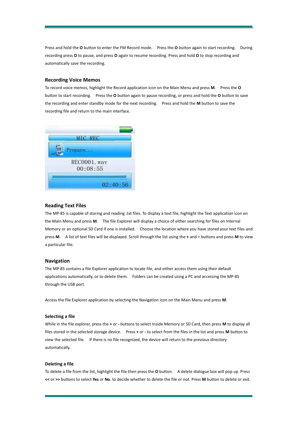 Recording voice memos, Reading text files, Navigation | Selecting a file, Deleting a file | Avayon MP-85 User Manual | Page 10 / 16