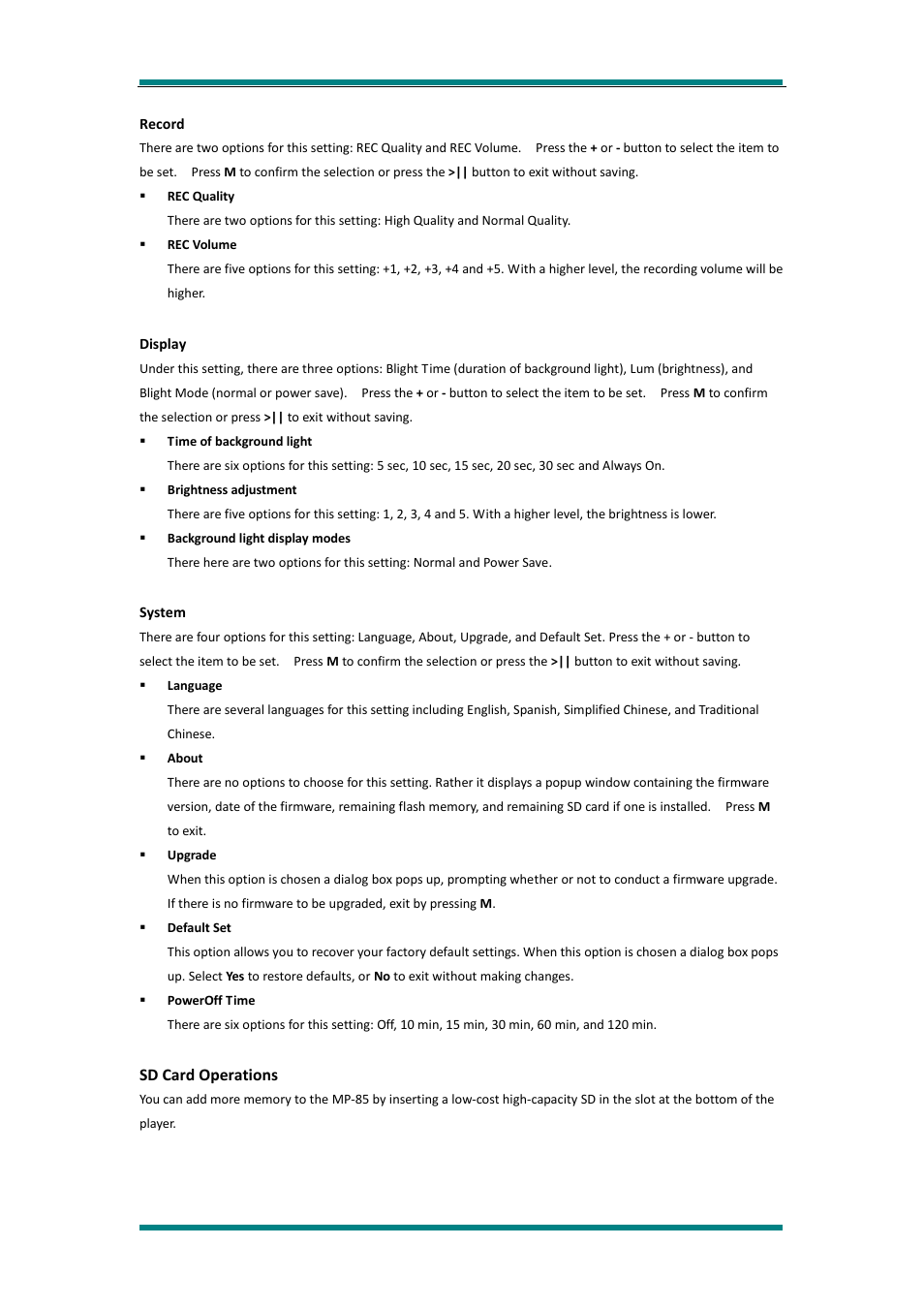Record, Display, System | Sd card operations | Avayon MP-85 User Manual | Page 12 / 16