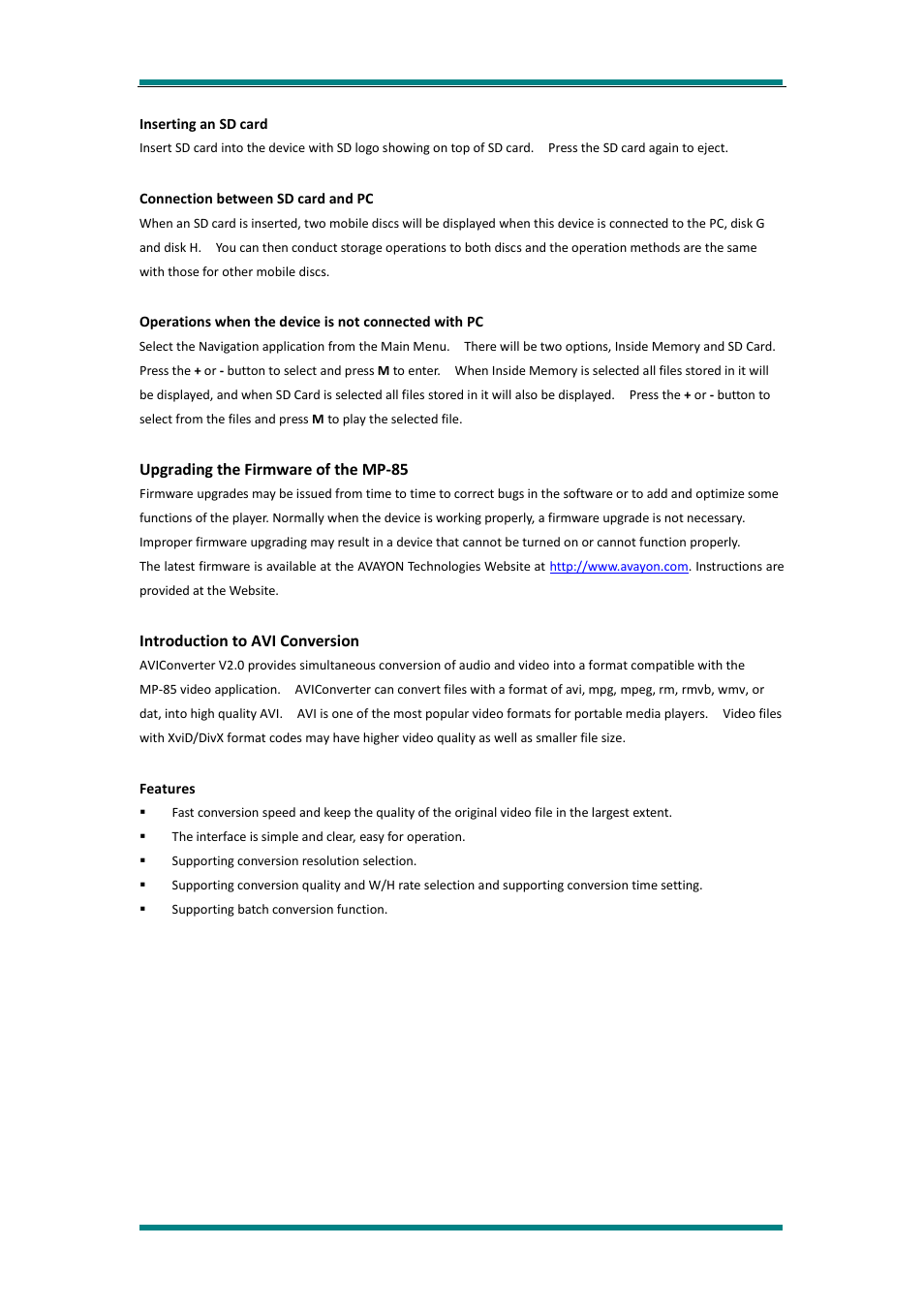 Inserting an sd card, Connection between sd card and pc, Upgrading the firmware of the mp-85 | Introduction to avi conversion, Features | Avayon MP-85 User Manual | Page 13 / 16