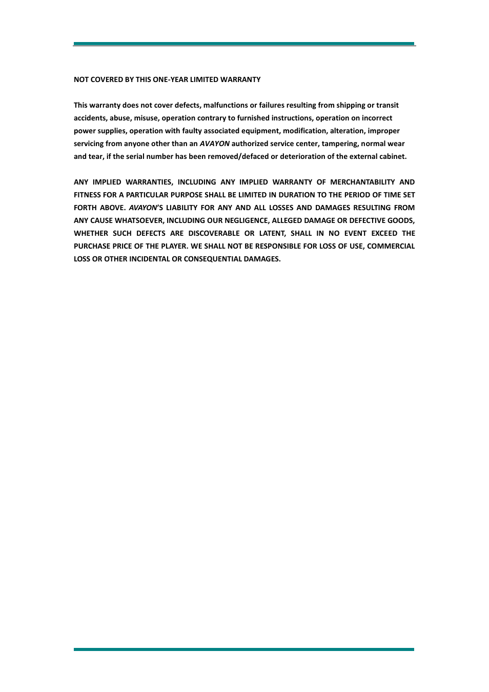 Not covered by this one-year limited warranty | Avayon MP-85 User Manual | Page 16 / 16