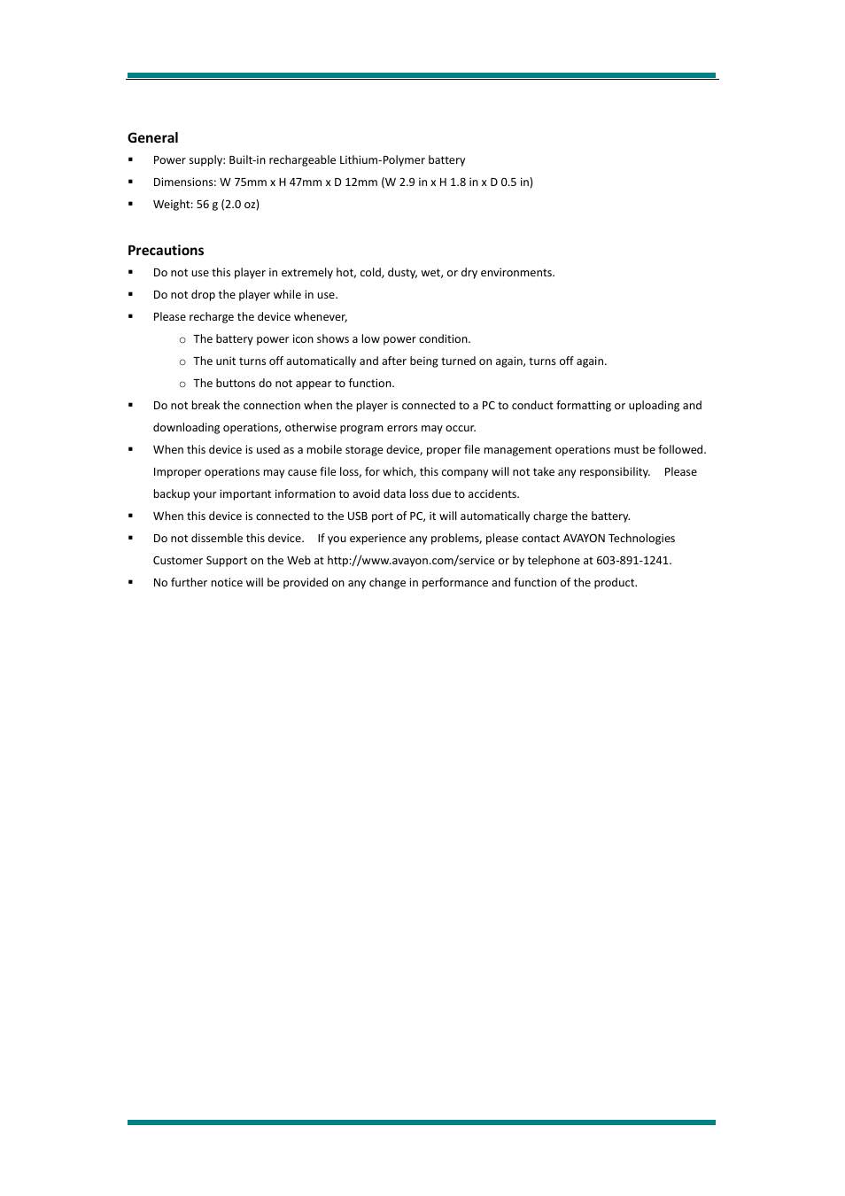 General, Precautions | Avayon MP-85 User Manual | Page 5 / 16