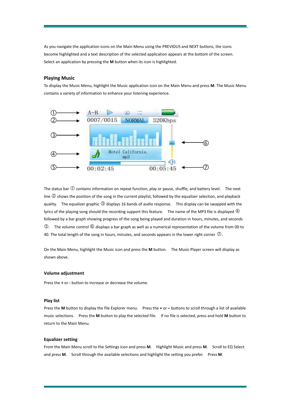 Playing music, Volume adjustment, Play list | Equalizer setting | Avayon MP-85 User Manual | Page 7 / 16