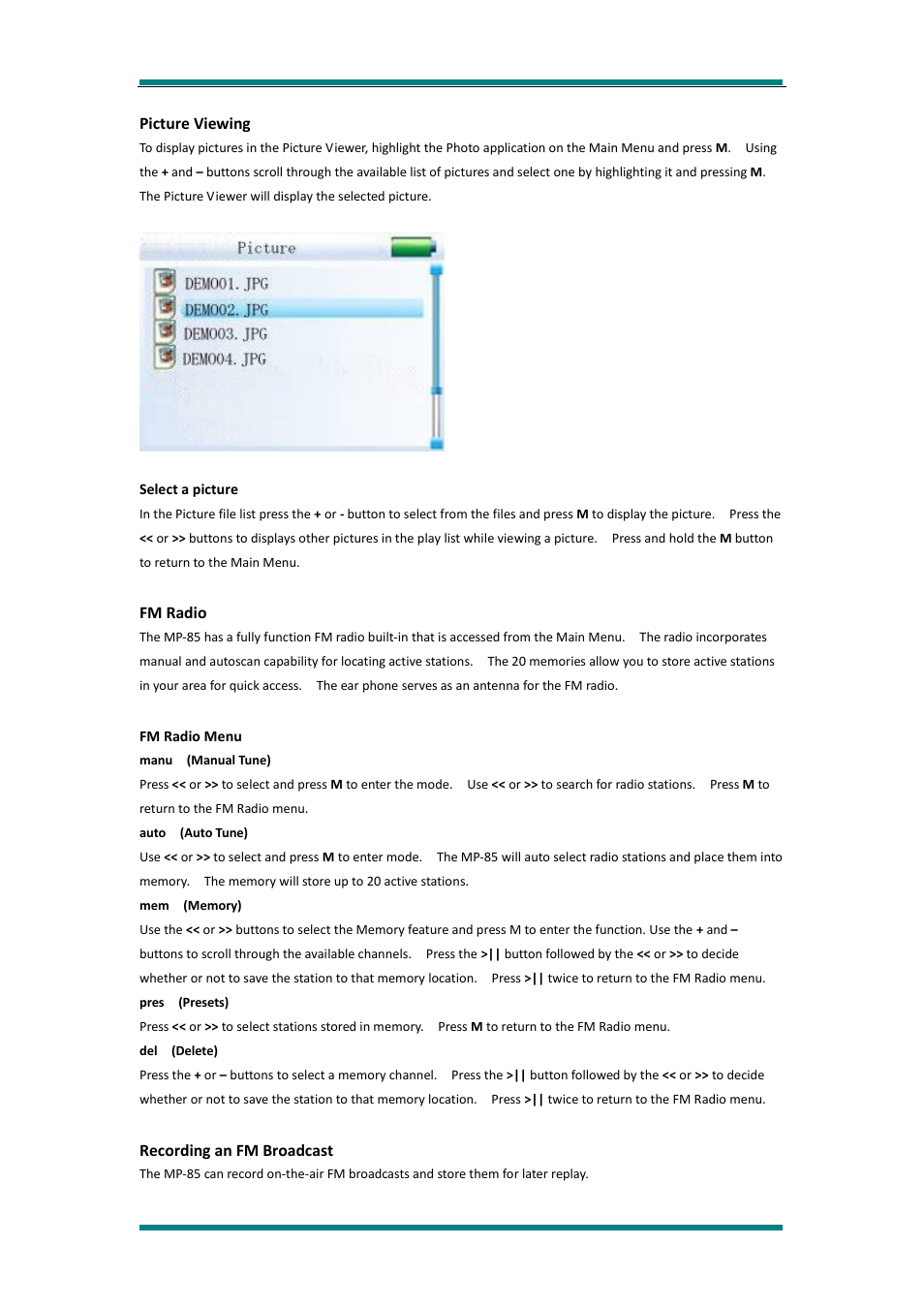 Picture viewing, Select a picture, Fm radio | Fm radio menu, Recording an fm broadcast | Avayon MP-85 User Manual | Page 9 / 16