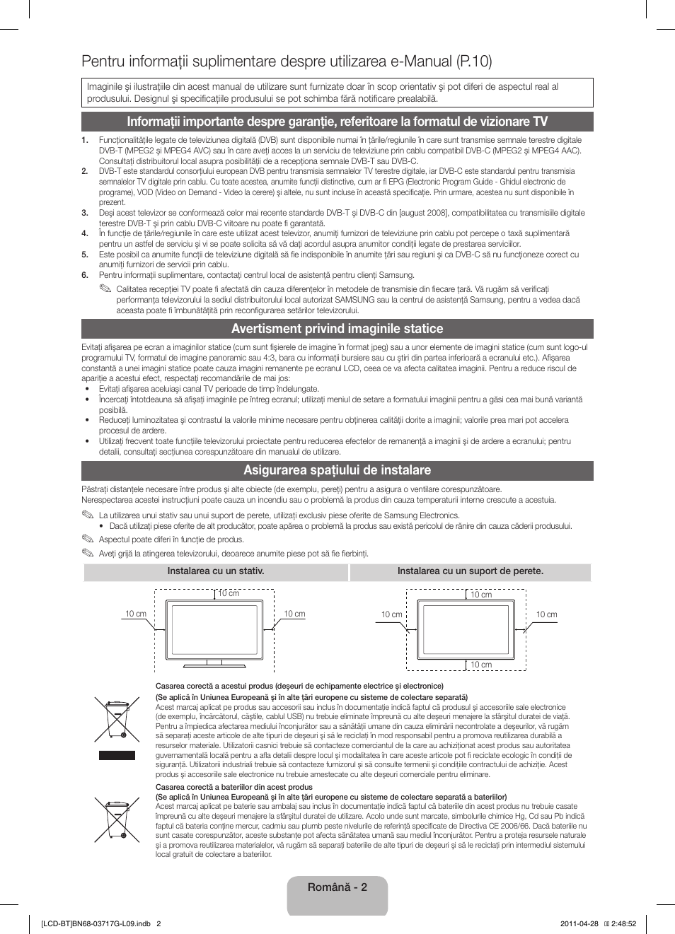 Avertisment privind imaginile statice, Asigurarea spaţiului de instalare | Samsung LE32D403E2W User Manual | Page 100 / 127