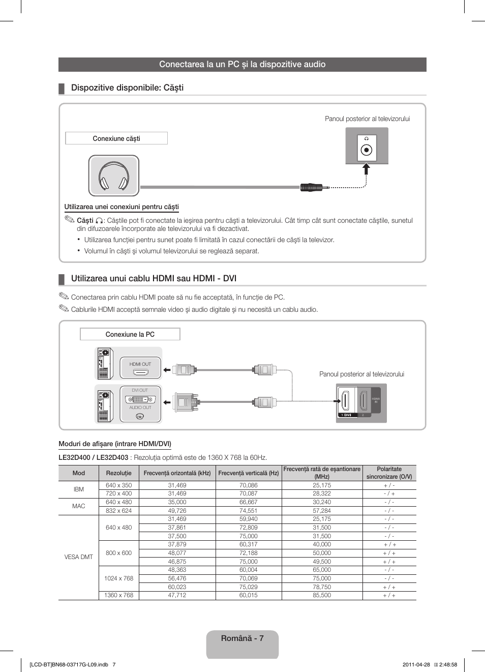 Utilizarea unui cablu hdmi sau hdmi - dvi | Samsung LE32D403E2W User Manual | Page 105 / 127