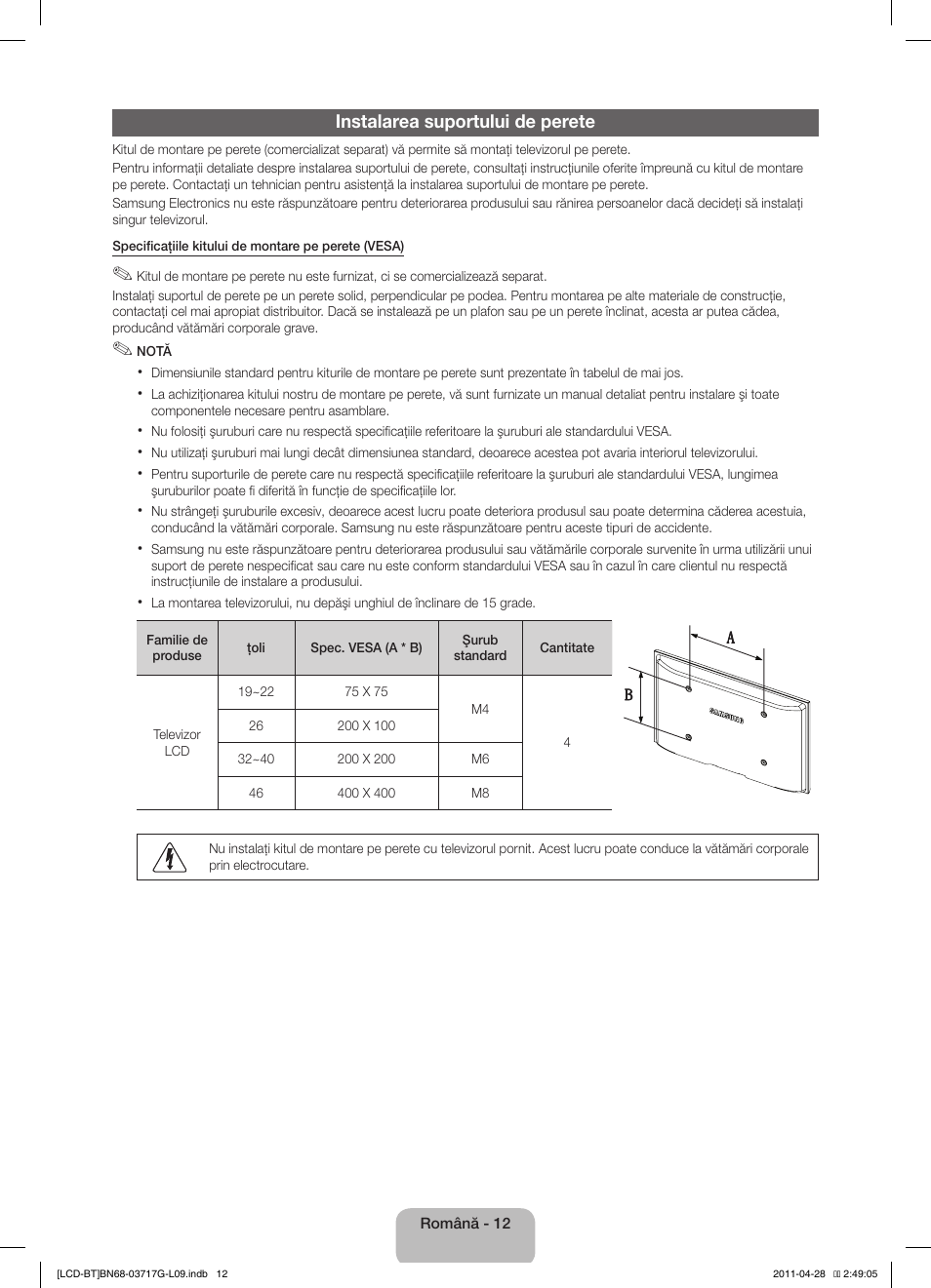 Instalarea suportului de perete | Samsung LE32D403E2W User Manual | Page 110 / 127