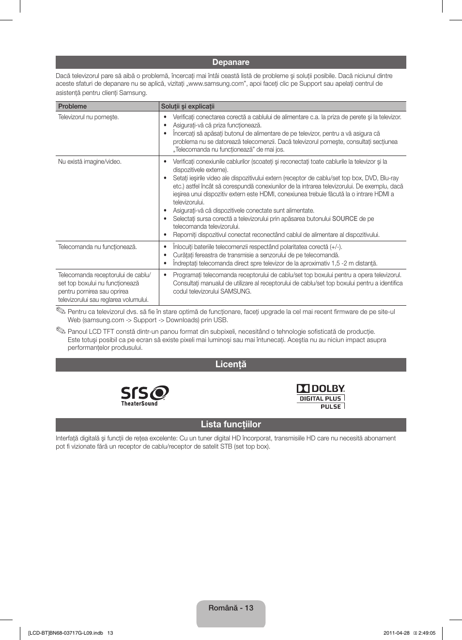 Licenţă lista funcţiilor | Samsung LE32D403E2W User Manual | Page 111 / 127