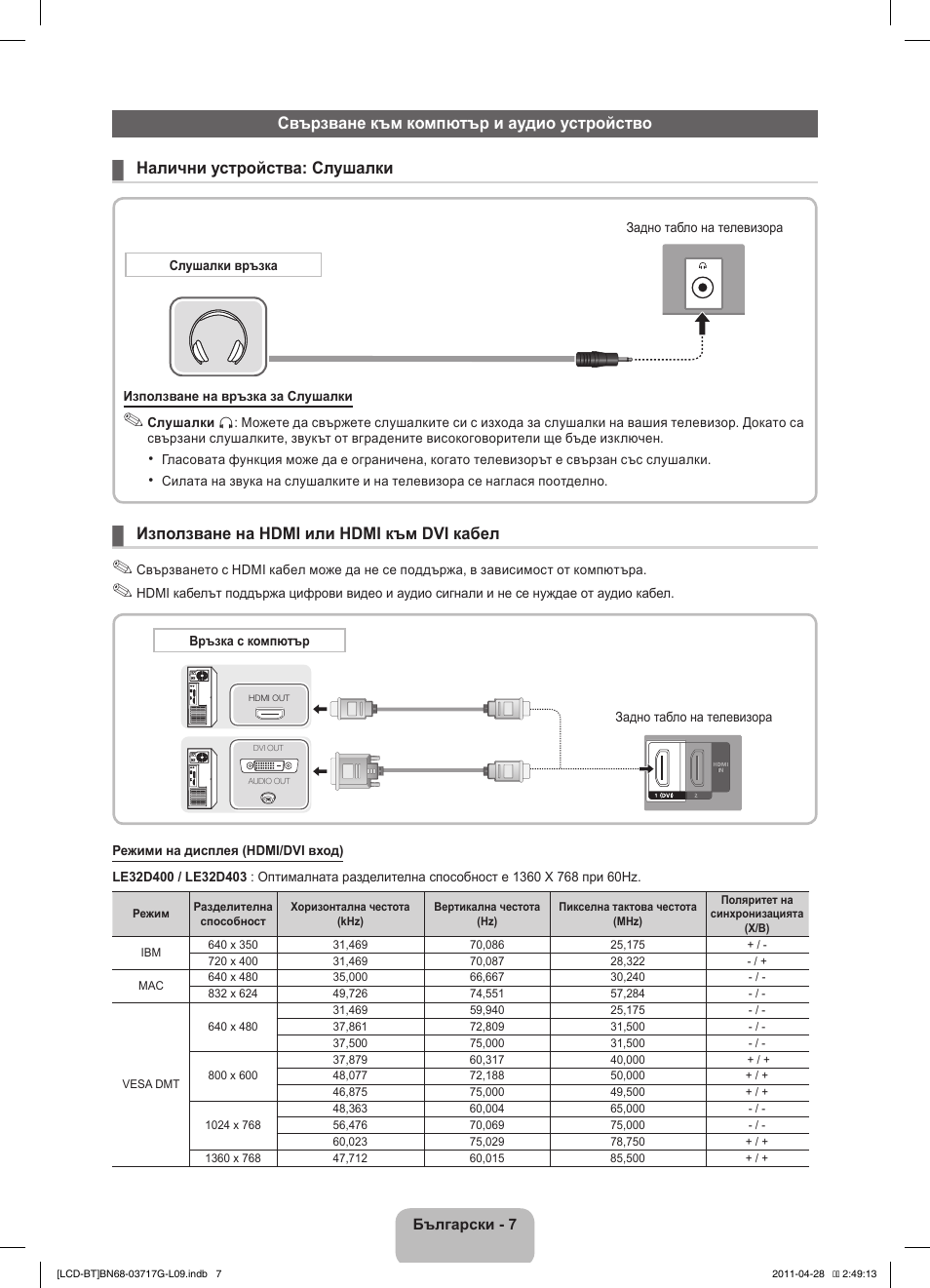 Използване на hdmi или hdmi към dvi кабел | Samsung LE32D403E2W User Manual | Page 119 / 127