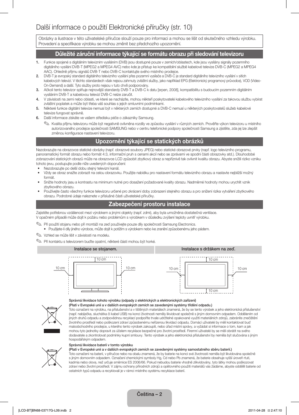 Upozornění týkající se statických obrázků, Zabezpečení prostoru instalace | Samsung LE32D403E2W User Manual | Page 16 / 127