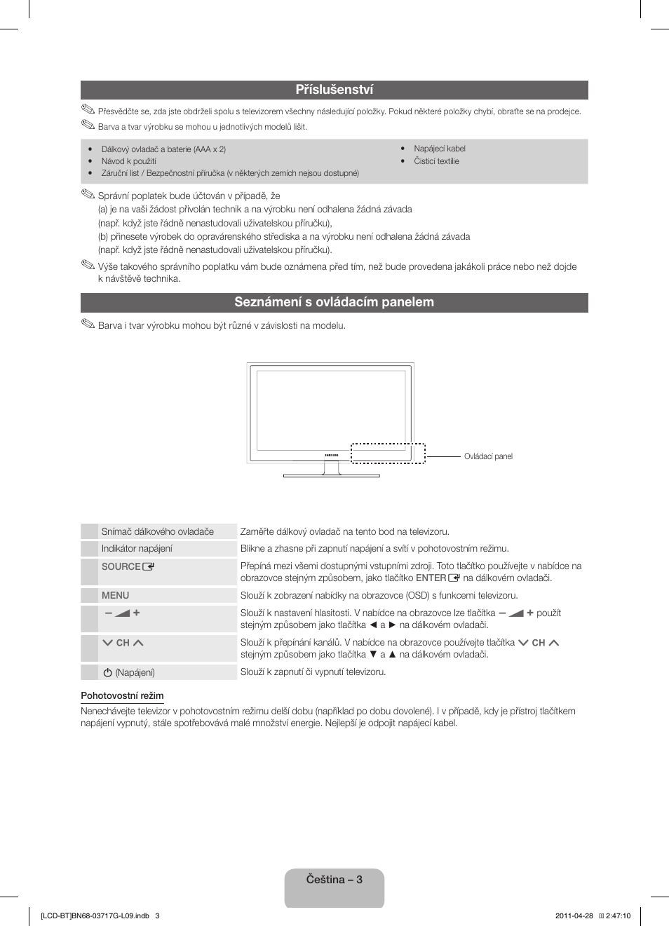 Příslušenství, Seznámení s ovládacím panelem | Samsung LE32D403E2W User Manual | Page 17 / 127