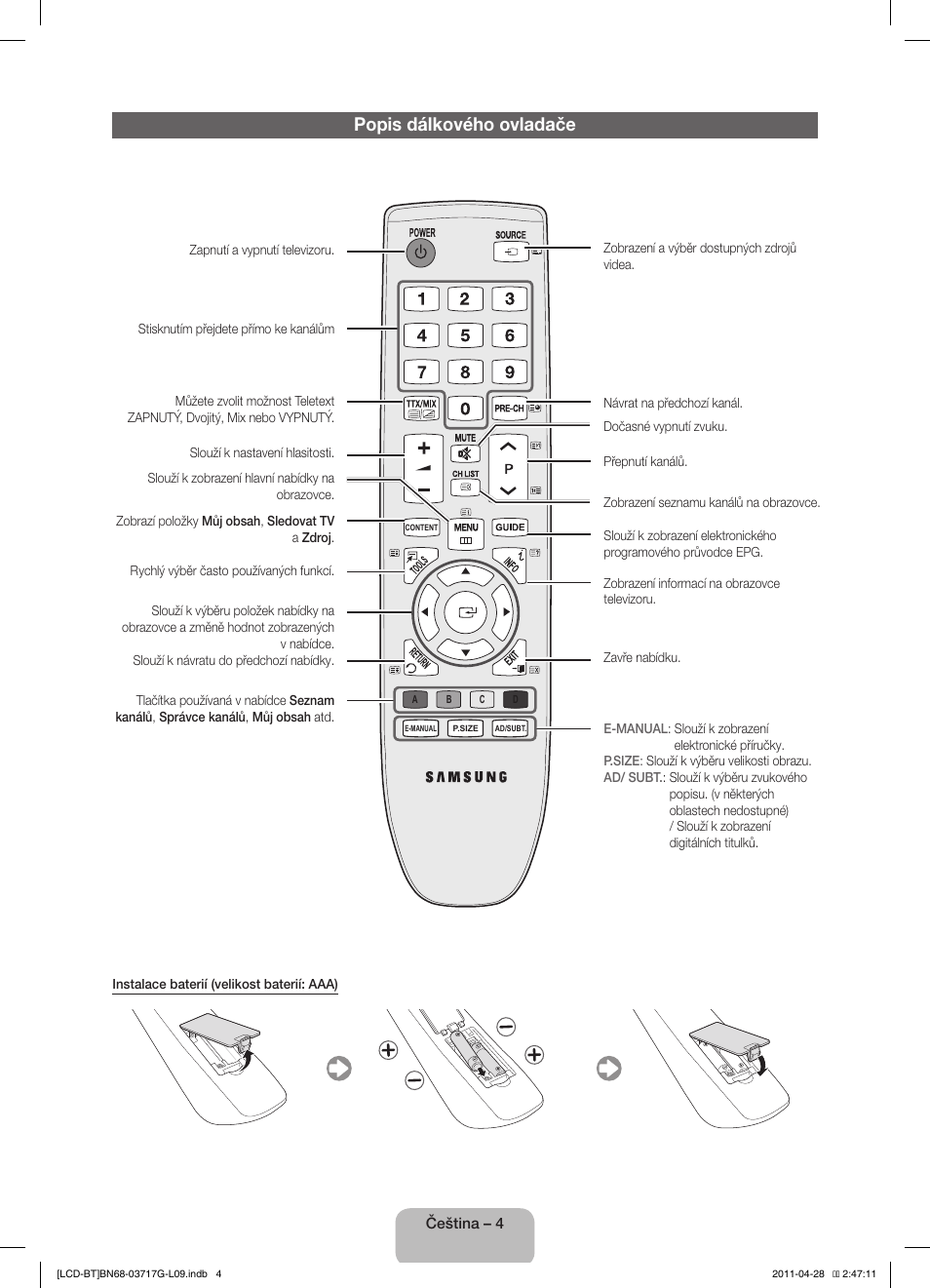 Popis dálkového ovladače | Samsung LE32D403E2W User Manual | Page 18 / 127