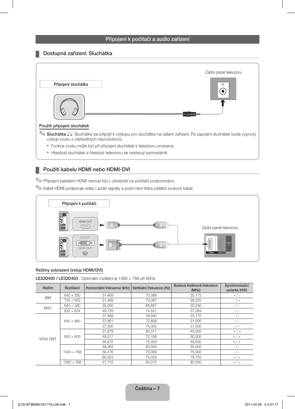 Použití kabelu hdmi nebo hdmi-dvi | Samsung LE32D403E2W User Manual | Page 21 / 127