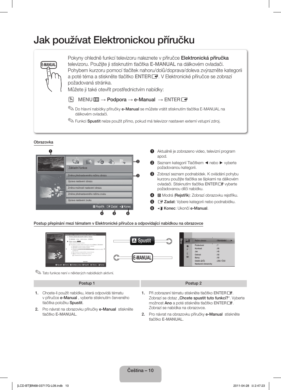 Jak používat elektronickou příručku, A spustit, E-manual | Menu m → podpora → e-manual → enter e | Samsung LE32D403E2W User Manual | Page 24 / 127