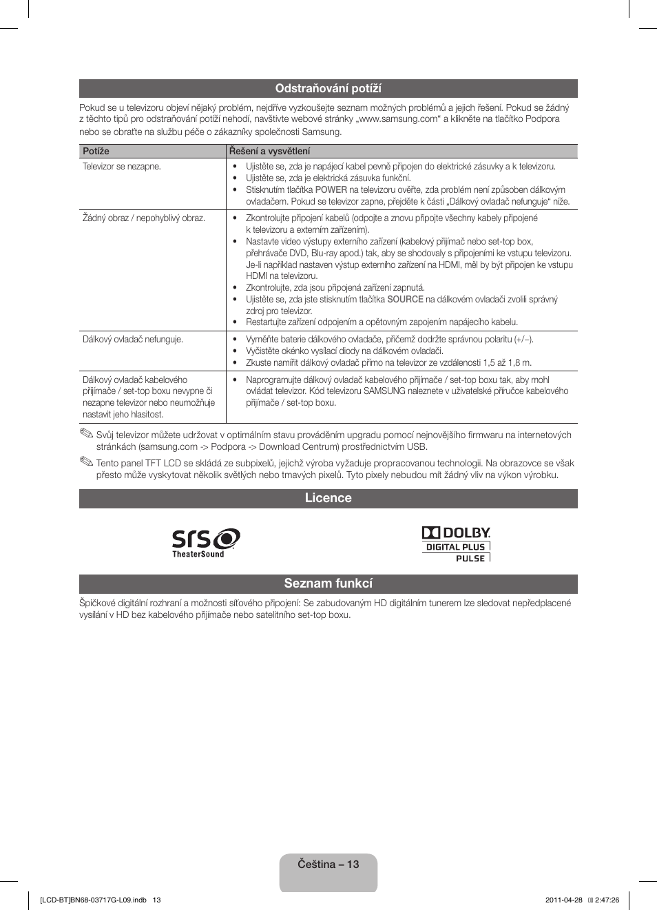 Licence seznam funkcí | Samsung LE32D403E2W User Manual | Page 27 / 127