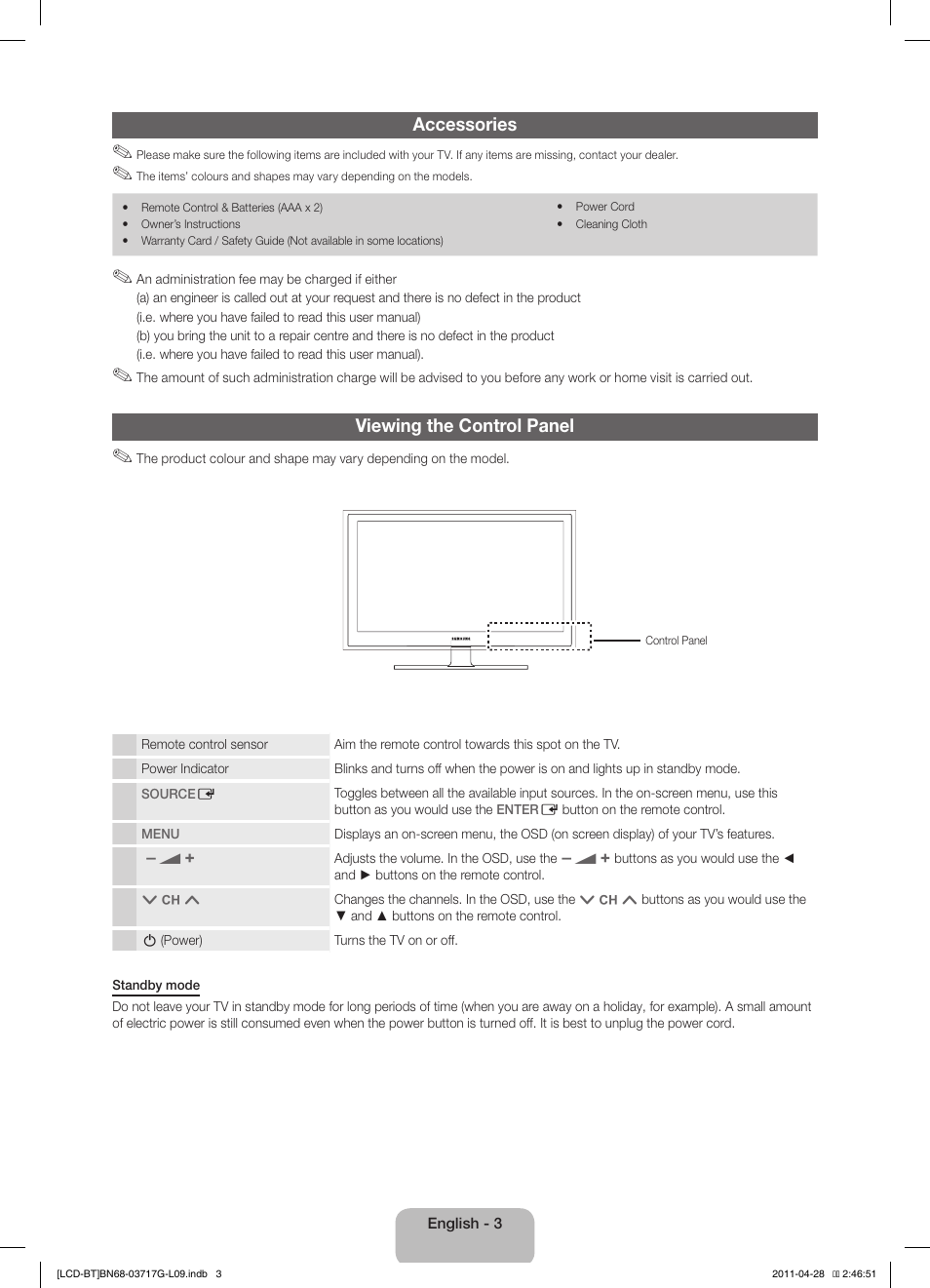 Accessories, Viewing the control panel | Samsung LE32D403E2W User Manual | Page 3 / 127