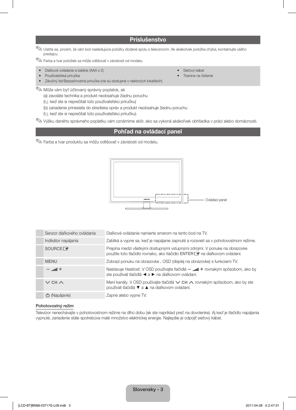 Príslušenstvo, Pohľad na ovládací panel | Samsung LE32D403E2W User Manual | Page 31 / 127