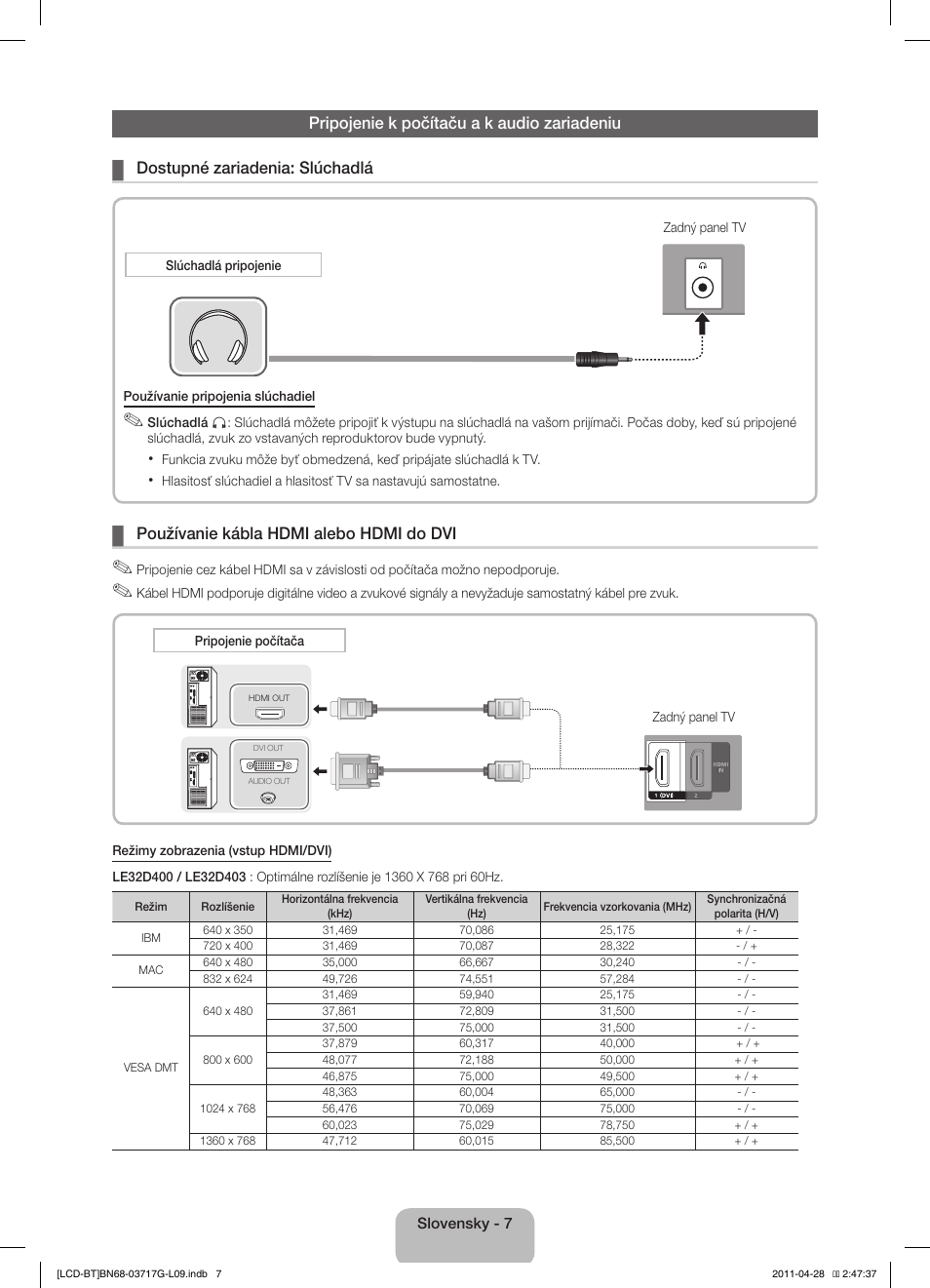 Používanie kábla hdmi alebo hdmi do dvi | Samsung LE32D403E2W User Manual | Page 35 / 127