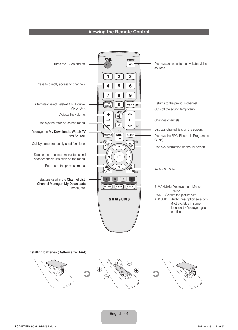 Viewing the remote control | Samsung LE32D403E2W User Manual | Page 4 / 127