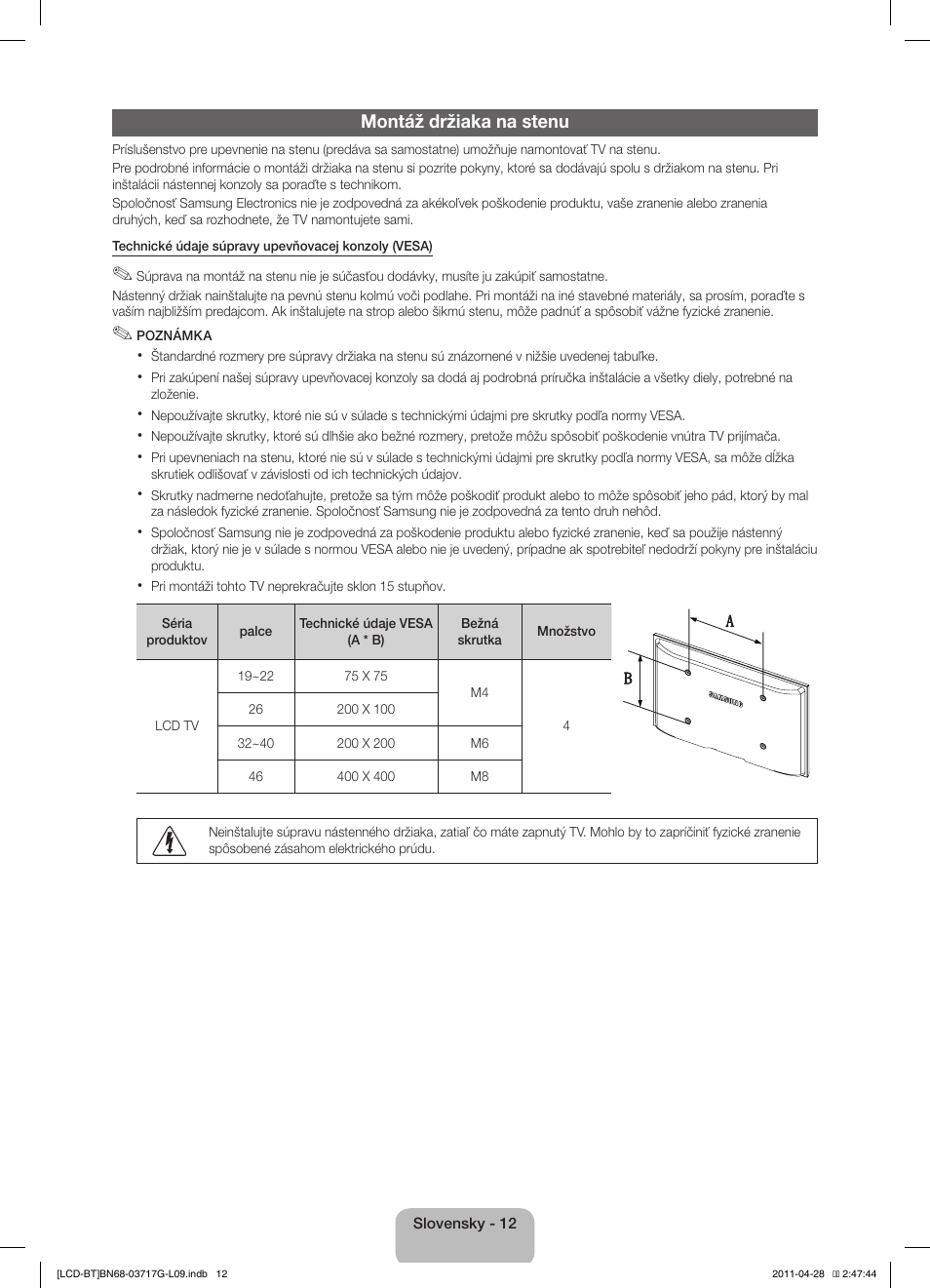 Montáž držiaka na stenu | Samsung LE32D403E2W User Manual | Page 40 / 127