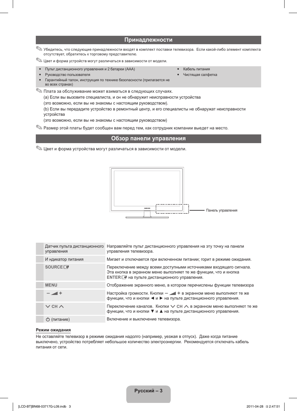 Принадлежности, Обзор панели управления | Samsung LE32D403E2W User Manual | Page 45 / 127