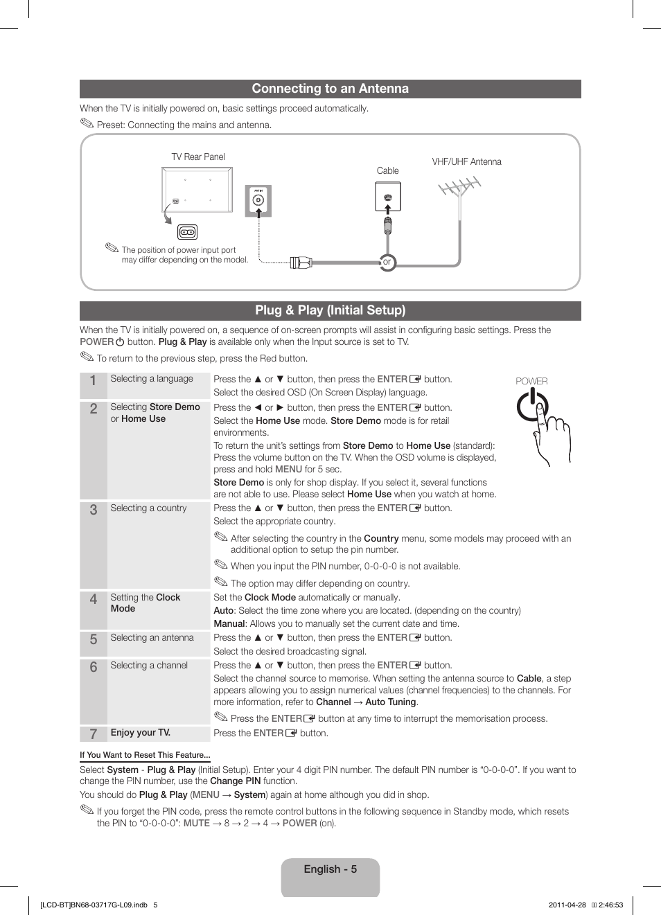 Connecting to an antenna, Plug & play (initial setup) | Samsung LE32D403E2W User Manual | Page 5 / 127