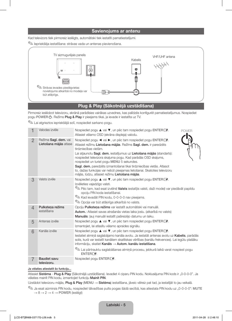 Savienojums ar antenu, Plug & play (sākotnējā uzstādīšana) | Samsung LE32D403E2W User Manual | Page 61 / 127