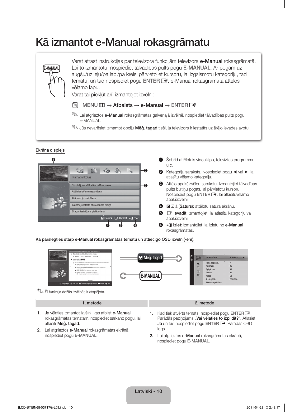 Kā izmantot e-manual rokasgrāmatu, E-manual, Menu m → atbalsts → e-manual → enter e | Samsung LE32D403E2W User Manual | Page 66 / 127