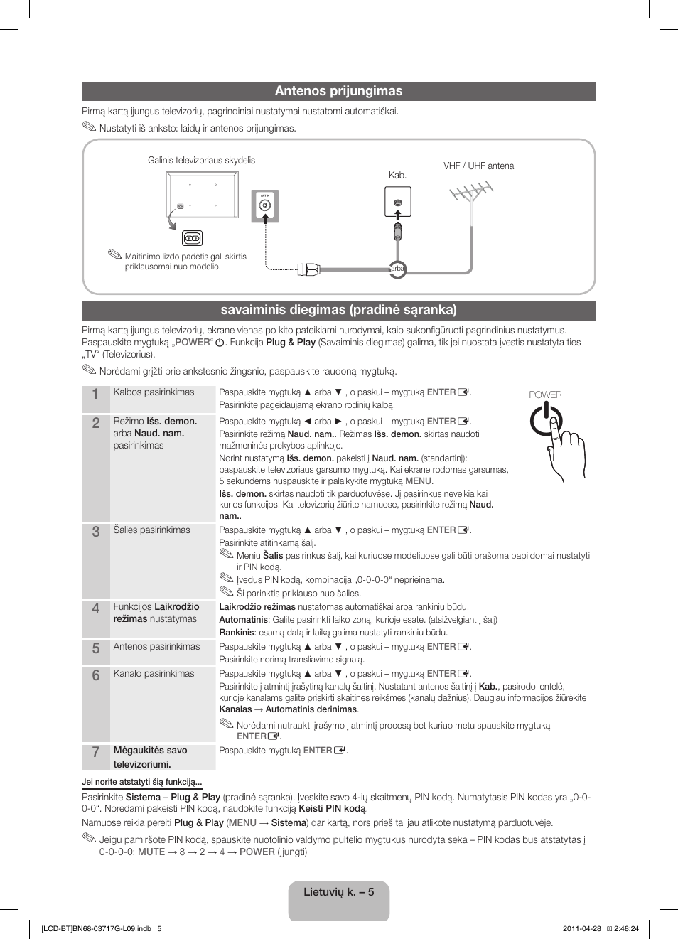 Antenos prijungimas, Savaiminis diegimas (pradinė sąranka) | Samsung LE32D403E2W User Manual | Page 75 / 127