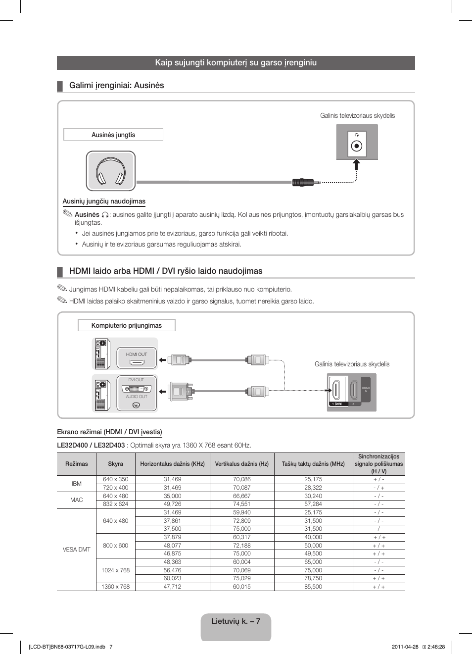Hdmi laido arba hdmi / dvi ryšio laido naudojimas | Samsung LE32D403E2W User Manual | Page 77 / 127