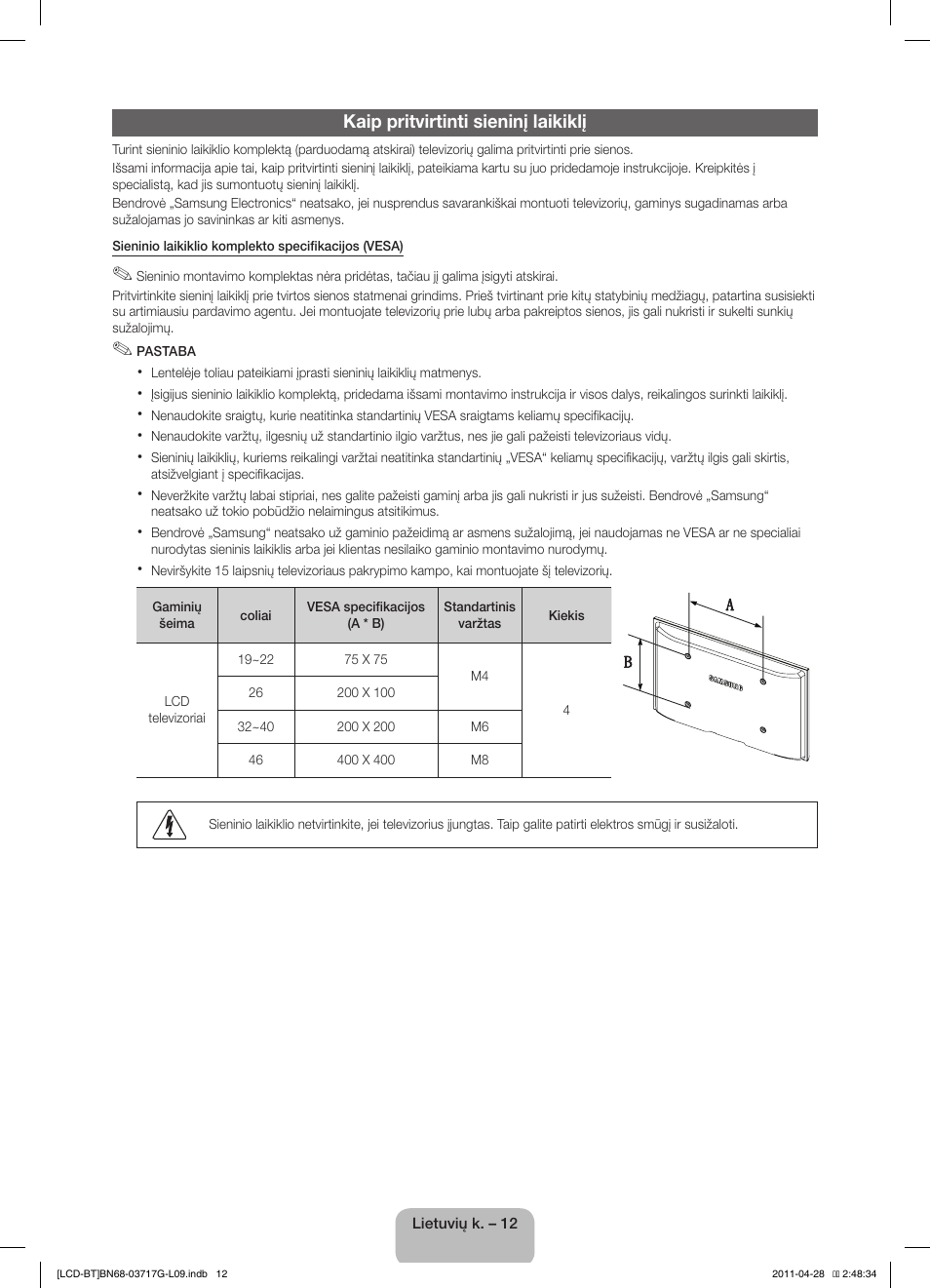 Kaip pritvirtinti sieninį laikiklį | Samsung LE32D403E2W User Manual | Page 82 / 127