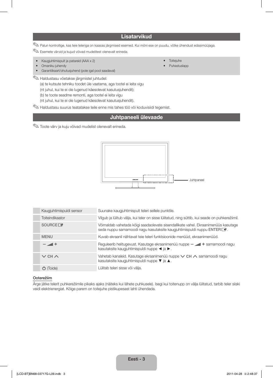 Lisatarvikud, Juhtpaneeli ülevaade | Samsung LE32D403E2W User Manual | Page 87 / 127