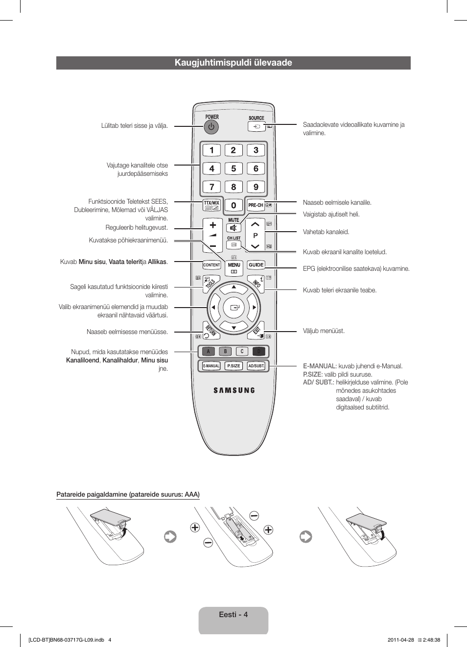 Kaugjuhtimispuldi ülevaade | Samsung LE32D403E2W User Manual | Page 88 / 127