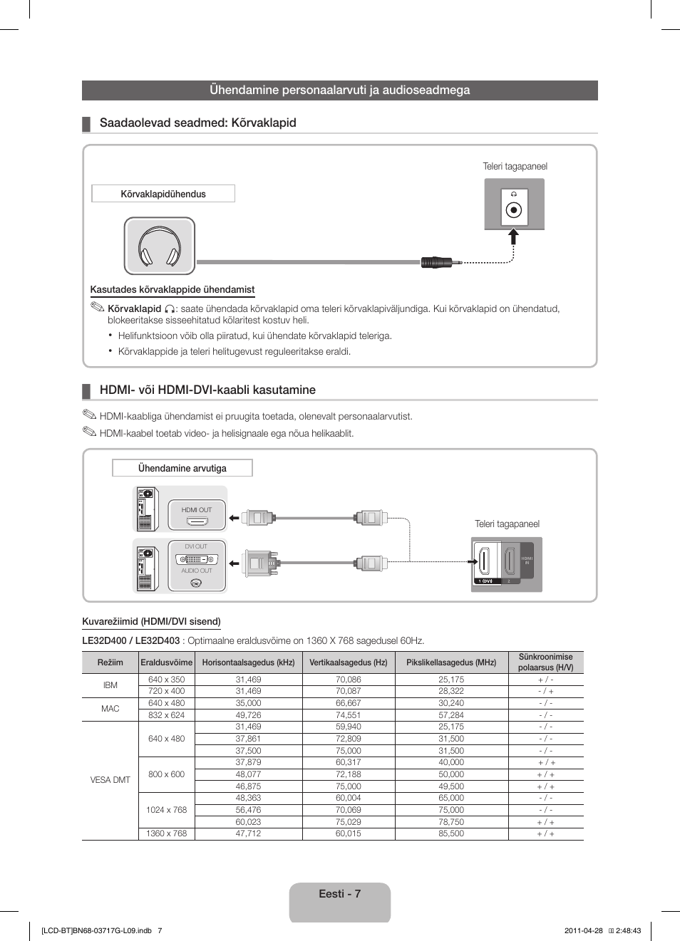 Hdmi- või hdmi-dvi-kaabli kasutamine | Samsung LE32D403E2W User Manual | Page 91 / 127