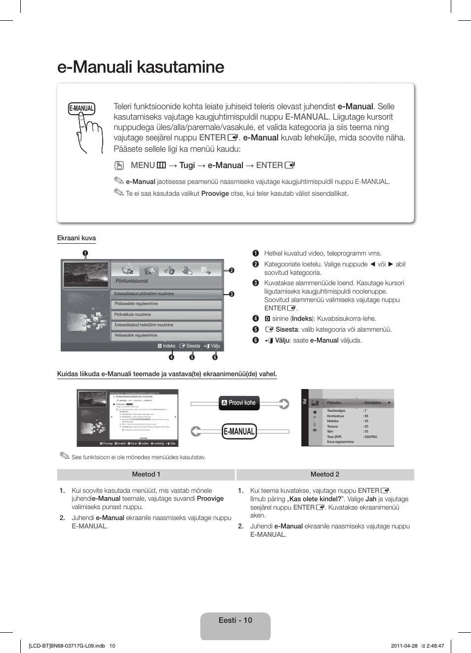 E-manuali kasutamine, E-manual, Menu m → tugi → e-manual → enter e | Samsung LE32D403E2W User Manual | Page 94 / 127
