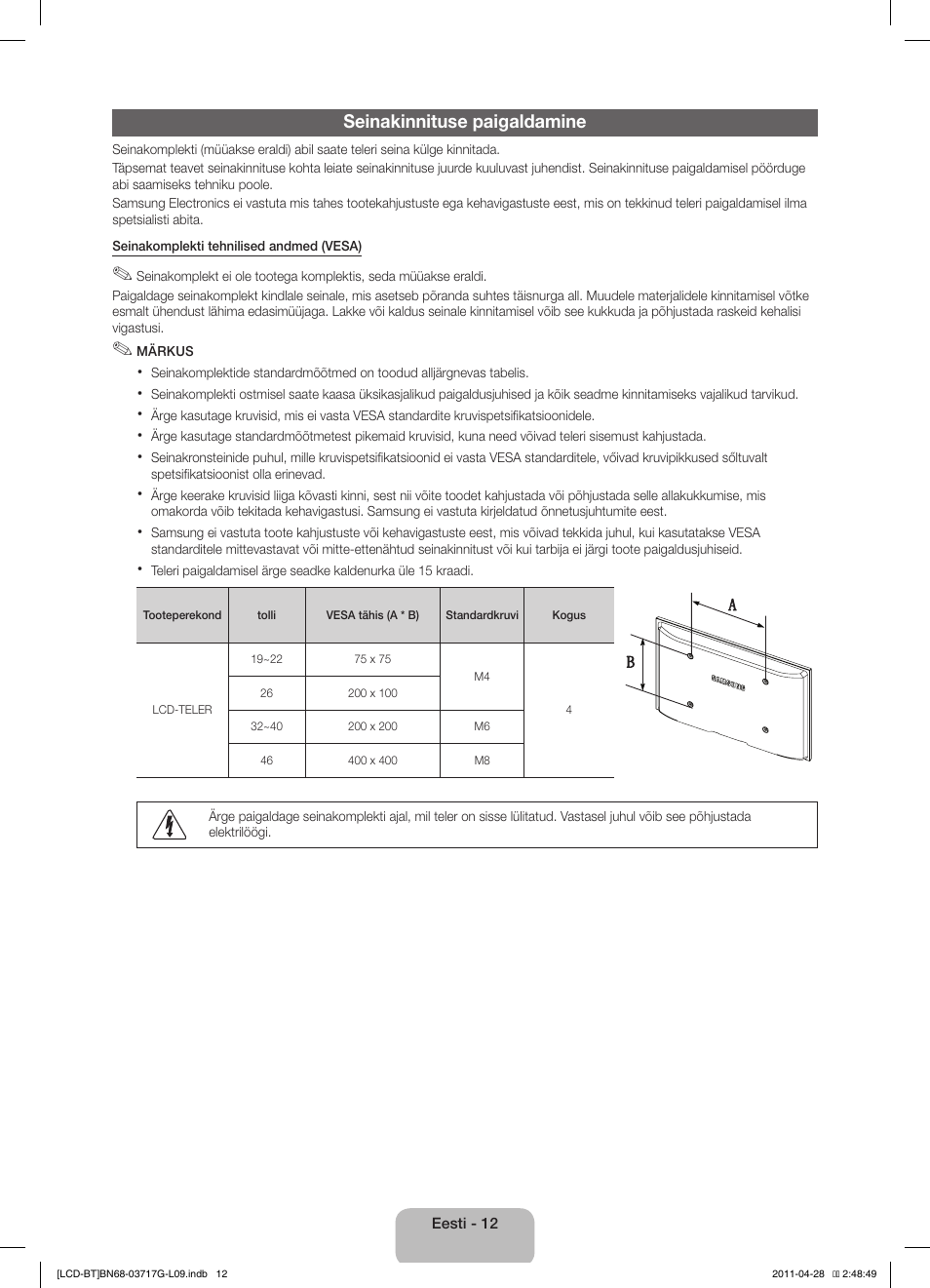 Seinakinnituse paigaldamine | Samsung LE32D403E2W User Manual | Page 96 / 127