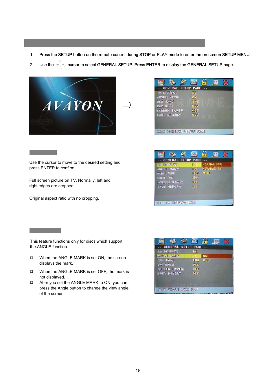 Tv display, Angle mark, Eneral | Etup, General setup page 4. general setup page | Avayon DXP-1000 G2 User Manual | Page 18 / 39