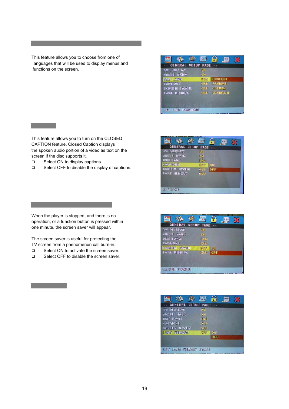 Osd lang (on screen display language), Captions, Screen saver (screen saver) | Last memory | Avayon DXP-1000 G2 User Manual | Page 19 / 39
