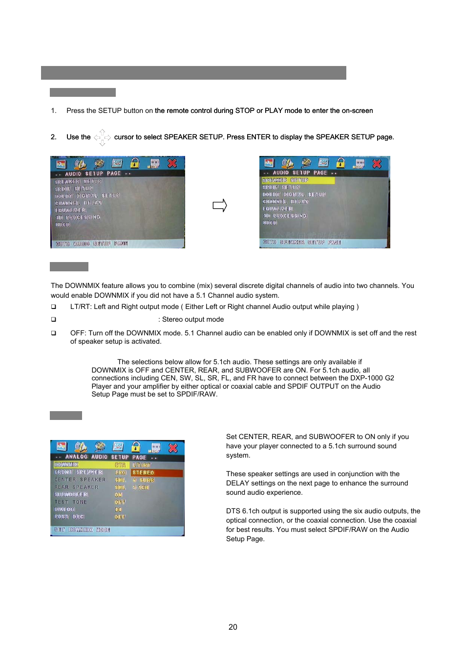 Speaker setup, Downmix, Center | Udio, Etup, Audio setup page | Avayon DXP-1000 G2 User Manual | Page 20 / 39
