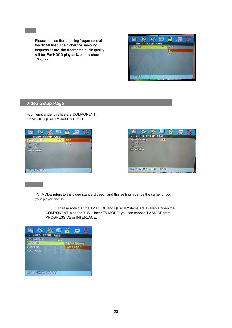 Hdcd, Tv mode, Ideo | Etup | Avayon DXP-1000 G2 User Manual | Page 23 / 39