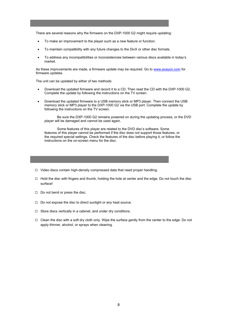 Firmware updates, Care of discs, Irmware | Pdates, Are of, Iscs | Avayon DXP-1000 G2 User Manual | Page 8 / 39